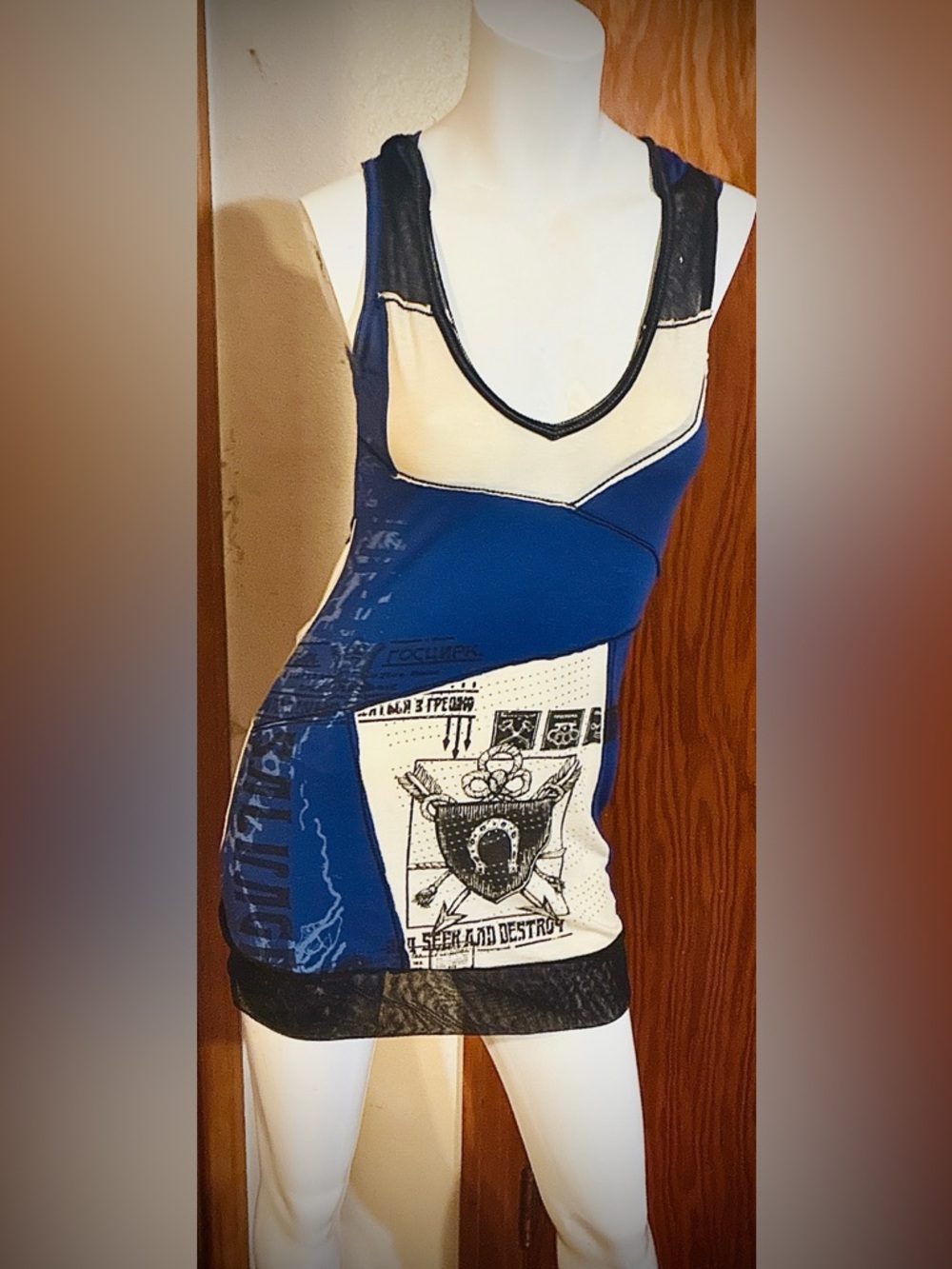 Salvage Brand Blue & White Sleeveless Tunic Top Dress w/ Hoodie - Size Small